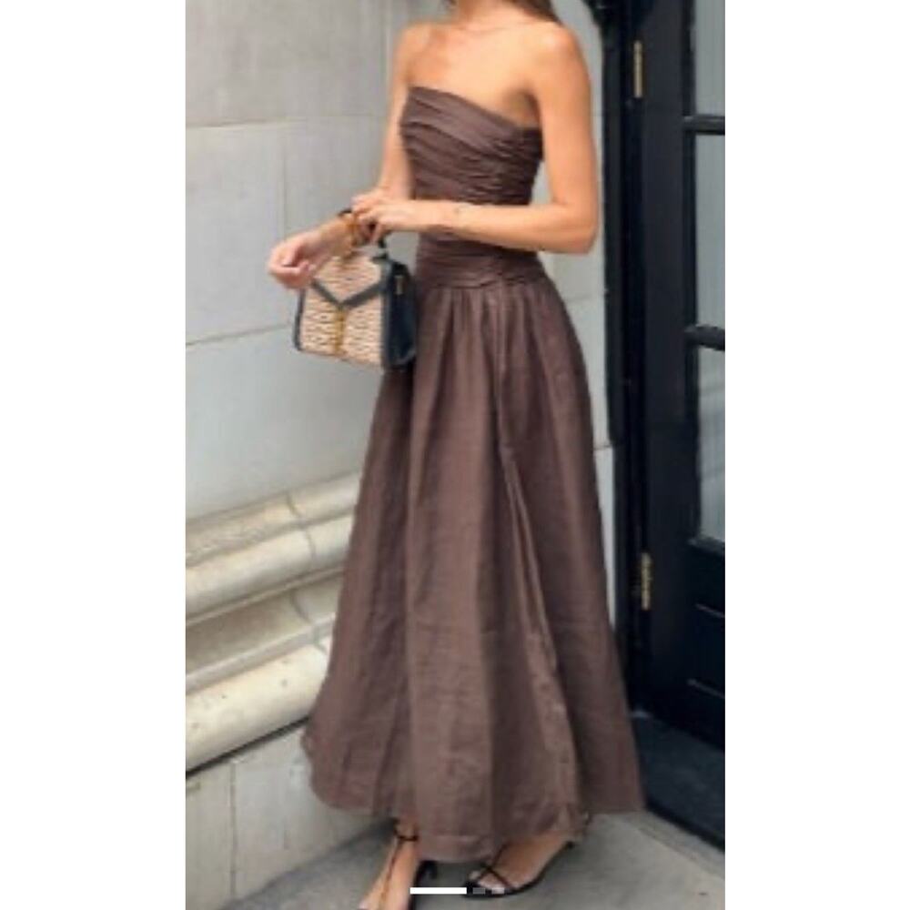 DISSH Aubriella Burnt Choc Linen Strapless Midi Dress US 8 Brown - Picture 5 of 10